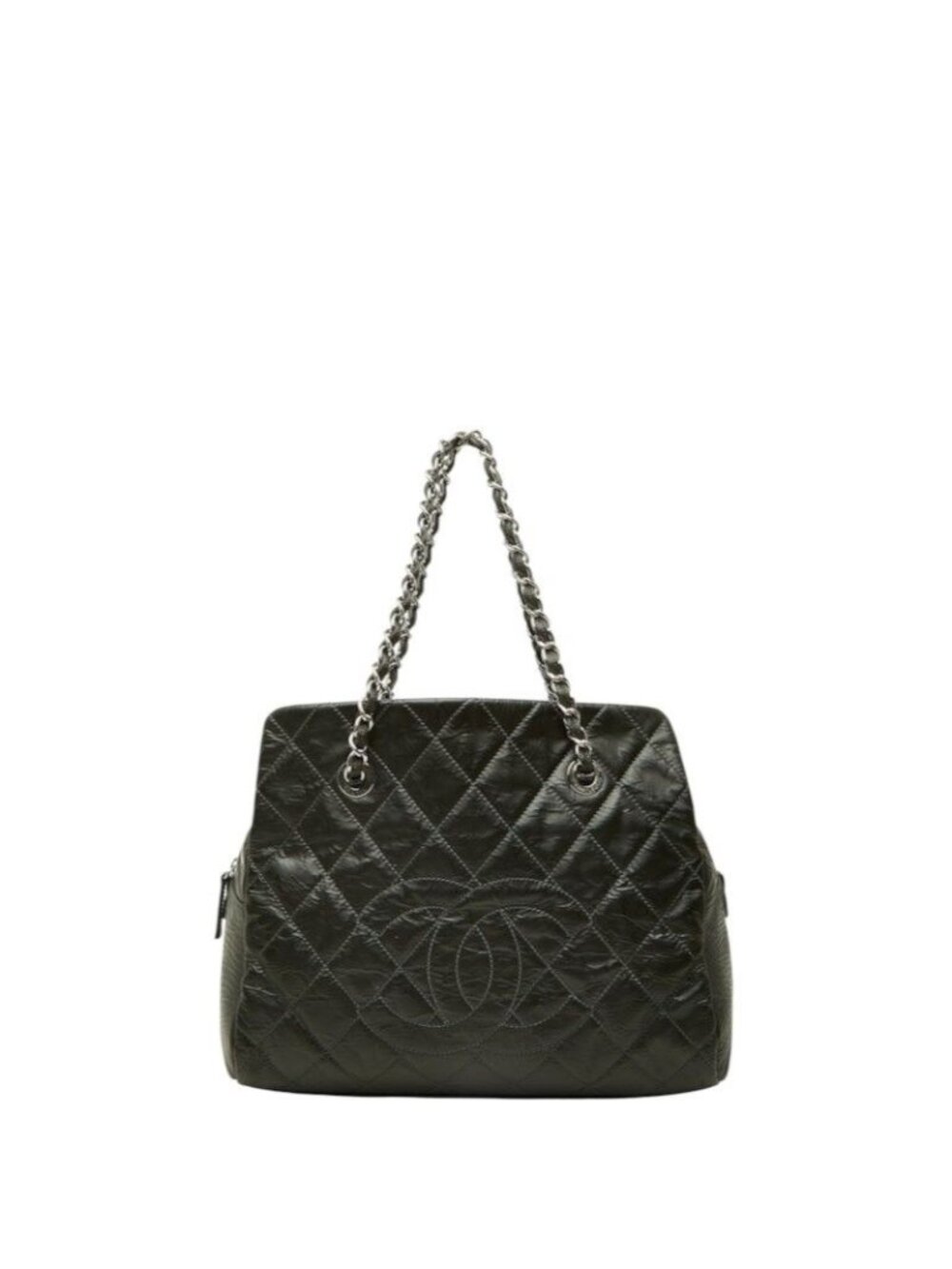 Chanel CC Logo Timeless Crinkle Chain Tote Shoulder Bag Dark Gray Silver